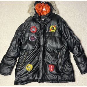 REASON Jacket Mens XXL Black Orange Fur Puffer Zip Up Winter Heavy Coat Patches